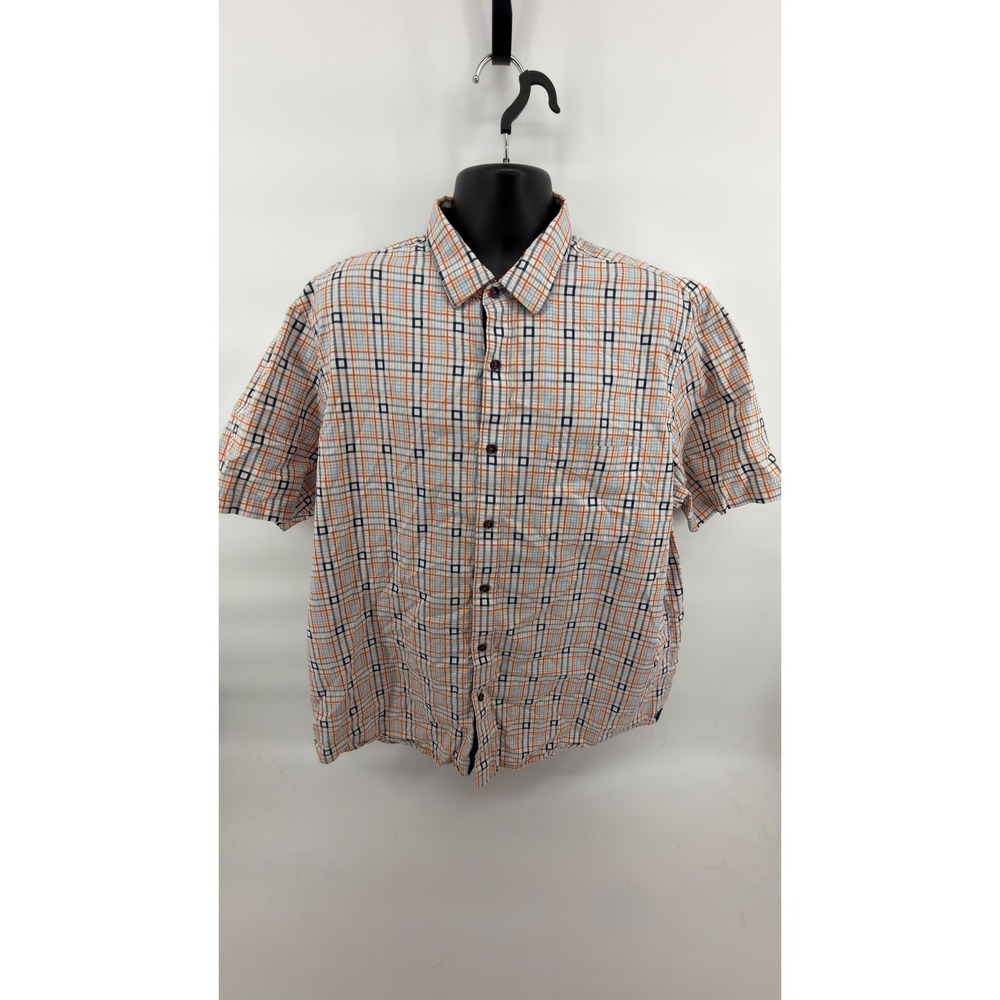Tasso Elba Plaid Short Sleeve Button Down Shirt Mens Orange Blue Square Geo